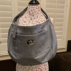 Large gray Coach,GUC! Pretty plaid lining!